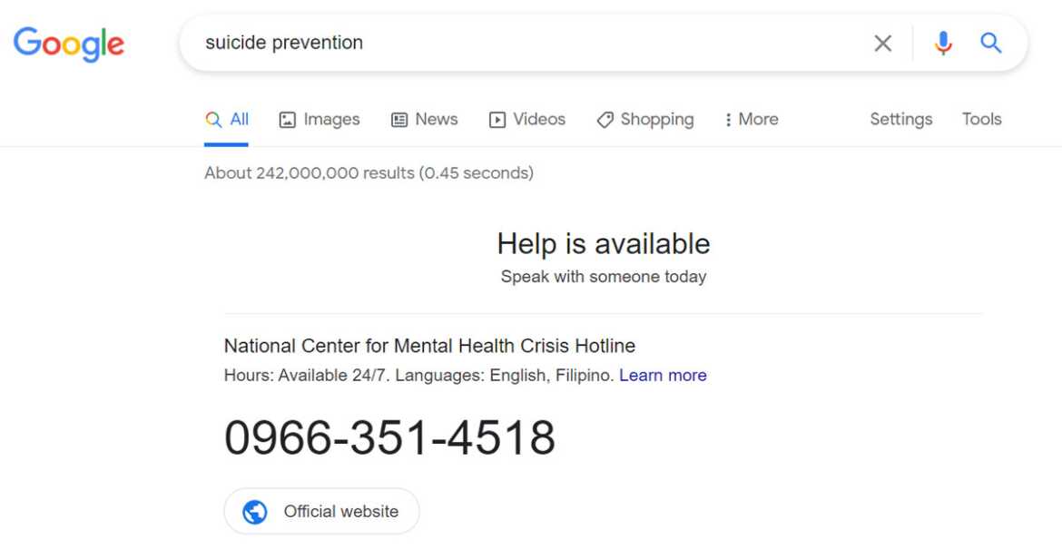 NCMH Crisis Hotline on Search